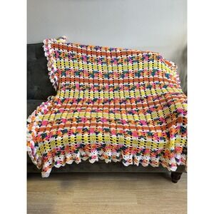 Handmade Crochet Retro Afghan Lap Throw‎ Bright & Colorful Unique Granny Core